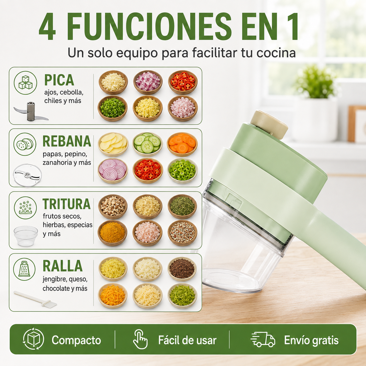 Cortador Eléctrico 4 en 1 — Pica y Rebana en Segundos